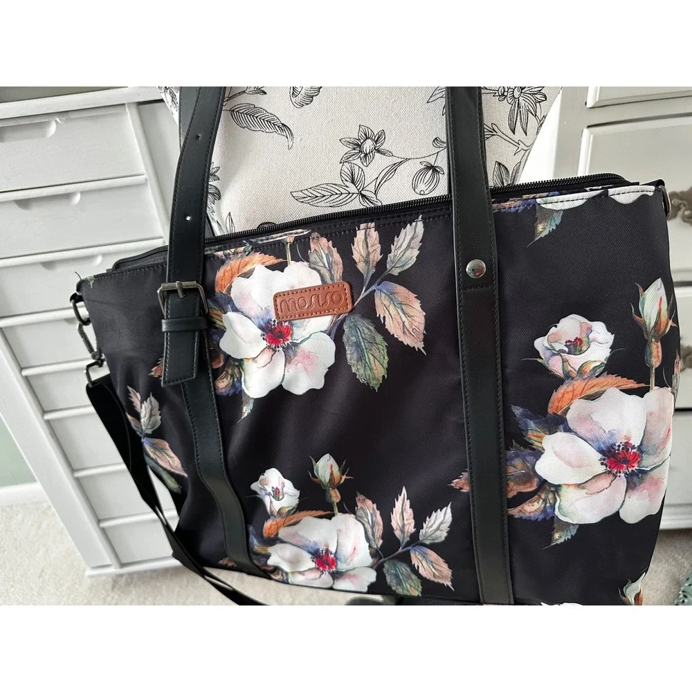 Mosiso Laptop Tote Bag Black Hibiscus Print USB Charging Port Crossbody Strap